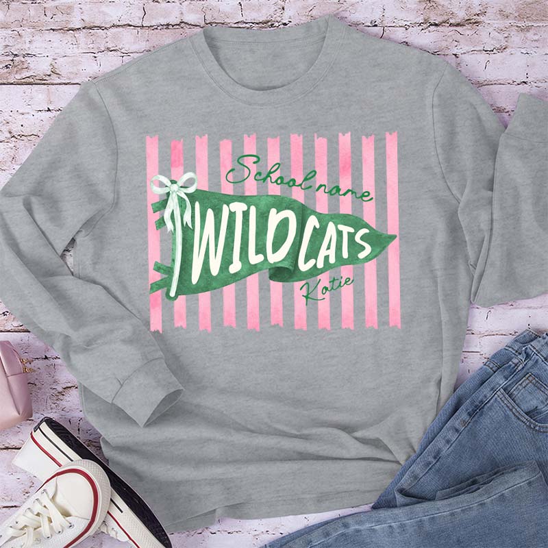 Personalized Mascot School Spirit Stripes Pennant Teacher Long Sleeve T-Shirt