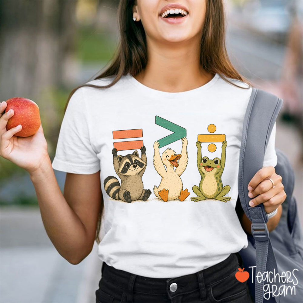 Cute Raccoon Duck Frog Equal Greater Than Division Math Symbol Teacher T-Shirt