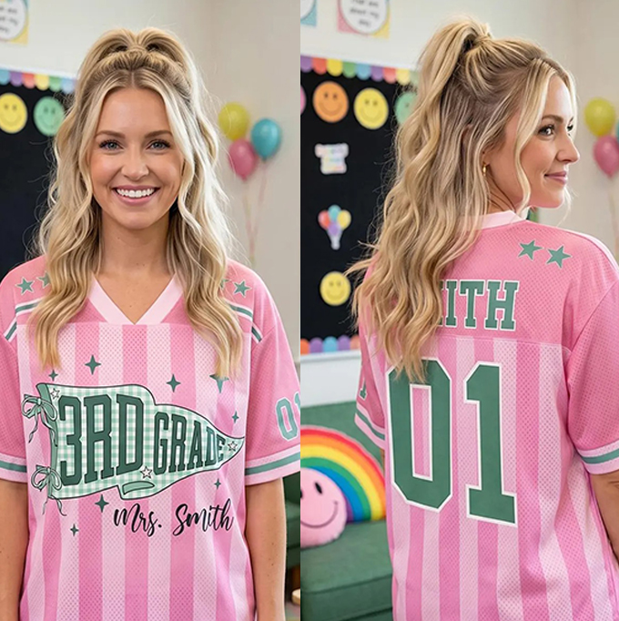 Personalized Grade And Name Striped Pennant Bow Star Teacher Mesh Jersey
