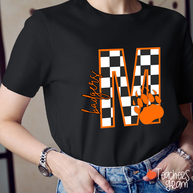 Personalized Mascot Checkered Letter Teacher T-Shirt