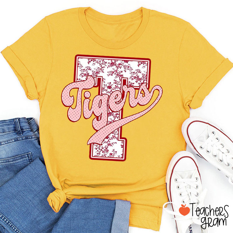 Personalized Mascot Floral Pattern Varsity Letter Teacher T‑Shirt
