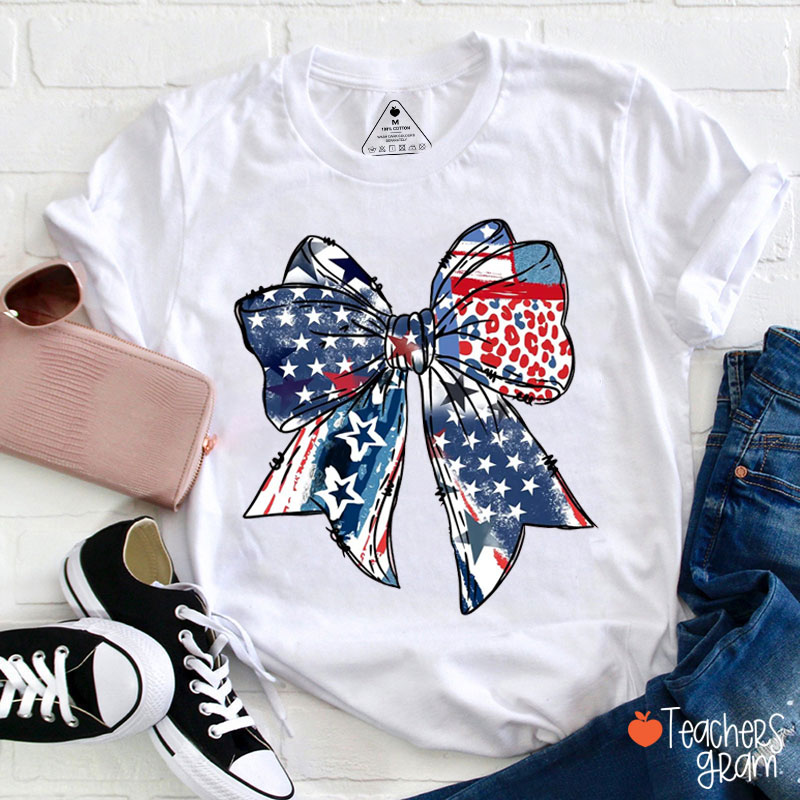 American Flag Big Bow Teacher T-Shirt