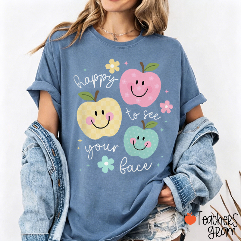 Happy Apple Face Floral Quote Teacher T-Shirt