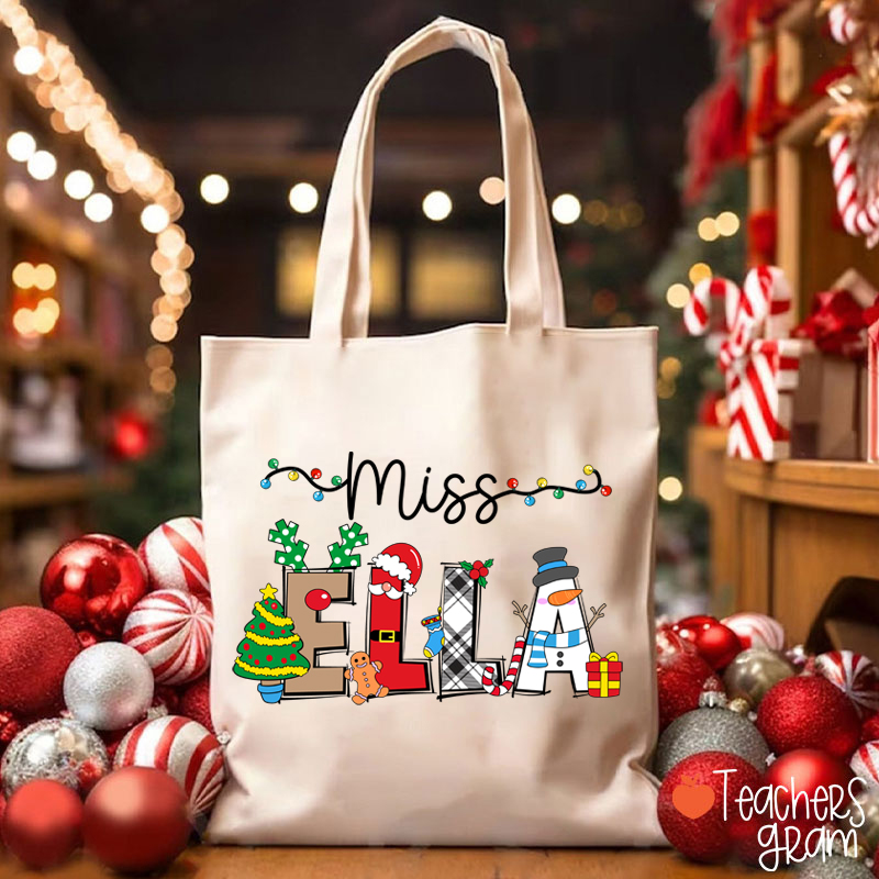 Personalized Name Cute Christmas Elements Teacher Tote Bag