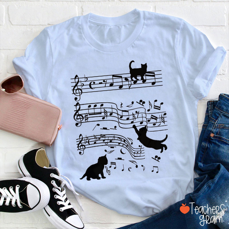 Cute Cats Playing Music Notes Teacher T-Shirt