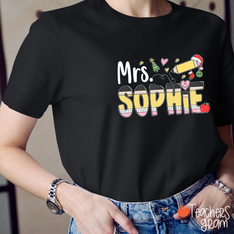Personalized Name Pencil With Santa Hat Teacher T-Shirt