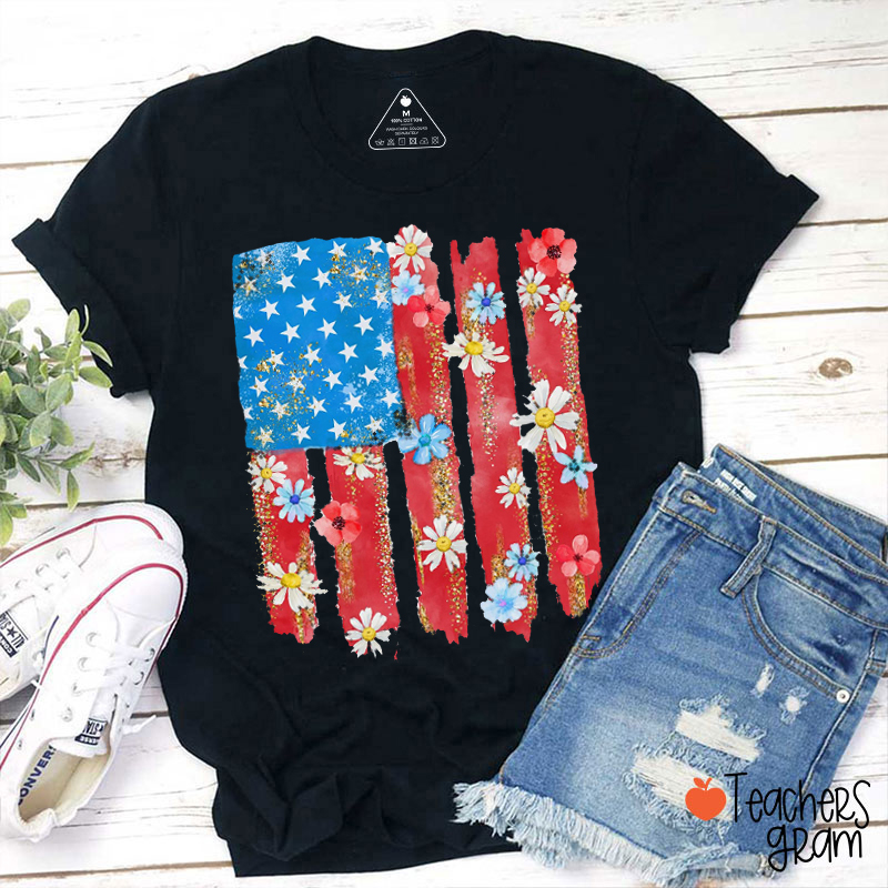 Flower Brushstroke America Flag Teacher T-Shirt