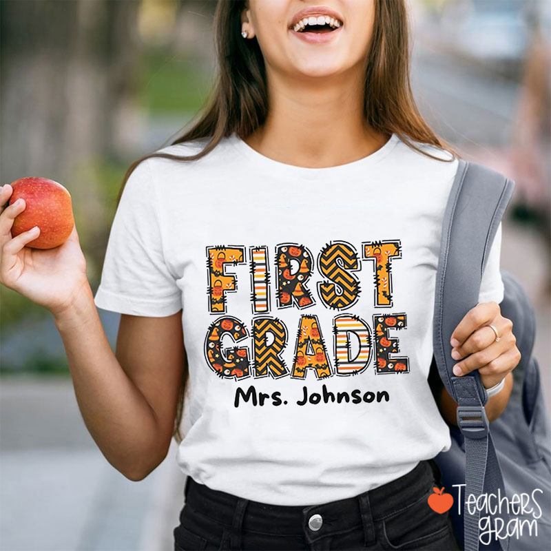 Personalized Name And Grade Halloween Letter Teacher T-Shirt