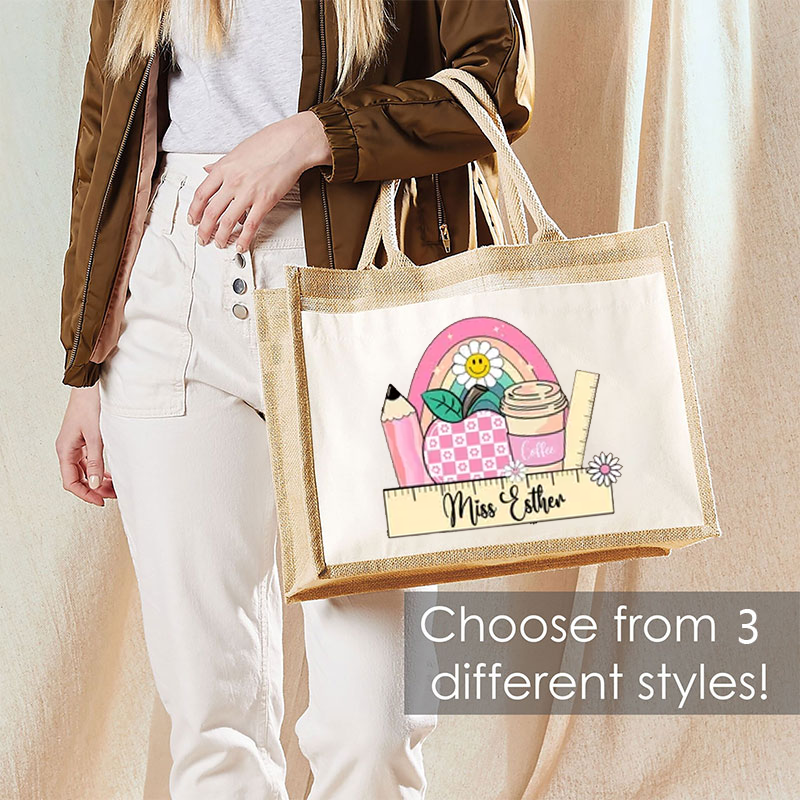 Personalized Name Stationery Apple Coffee Cup Rainbow Flower Teacher Jute Lunch Bag