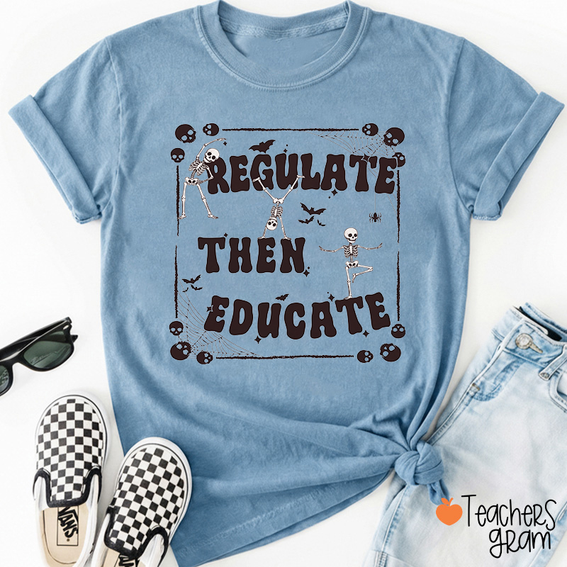 Regulate Then Educate Vintage Dancing Skeleton Bat Halloween Teacher T-Shirt