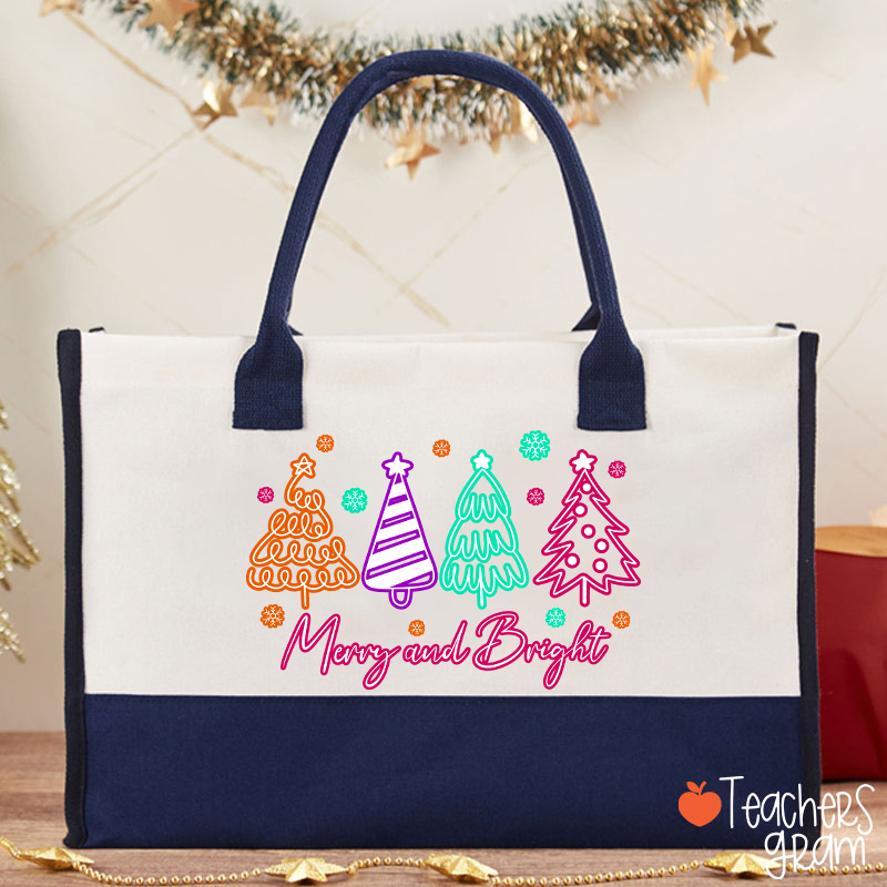 Neon Christmas Tree Merry Christmas Teacher Cotton Tote Bag