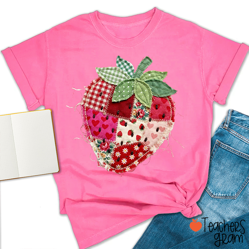 Faux Patchwork Strawberry Teacher T-Shirt