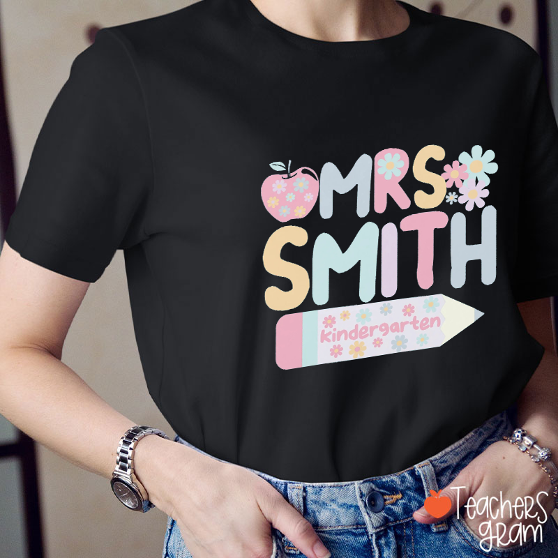 Personalized Grade Name Apple Flower Pencil Teacher T-Shirt