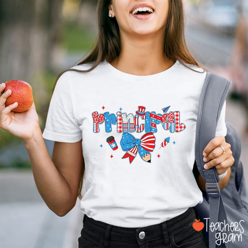 Personalized Text 4th Of July Red White And Blue Bow Teacher T-Shirt