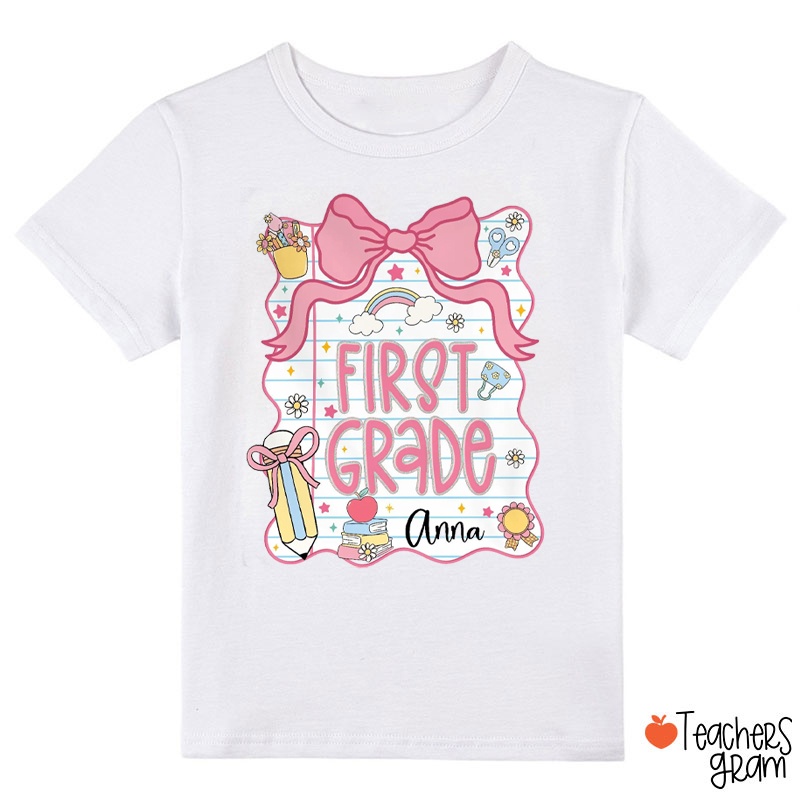 Personalized Name And Grade Pink Bow Notebook Paper Class T-Shirt