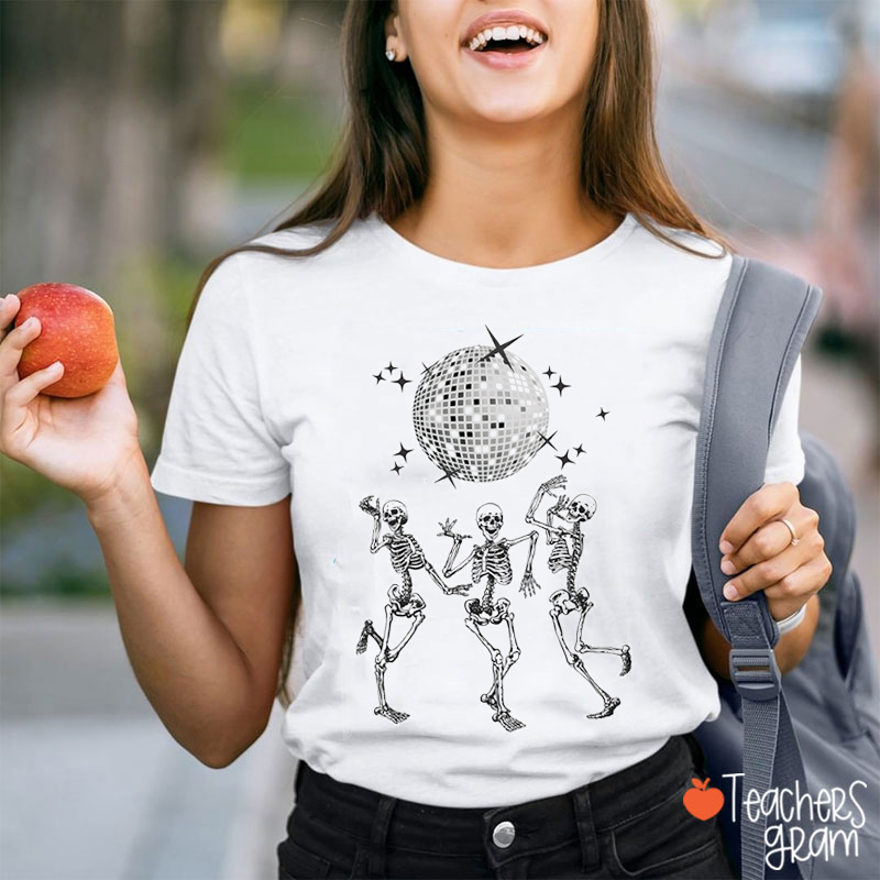 Disco Dancing Skeletons Halloween Teacher T-Shirt