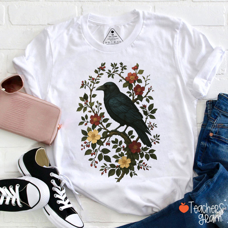 Crow And Wild Blooms Teacher T-Shirt