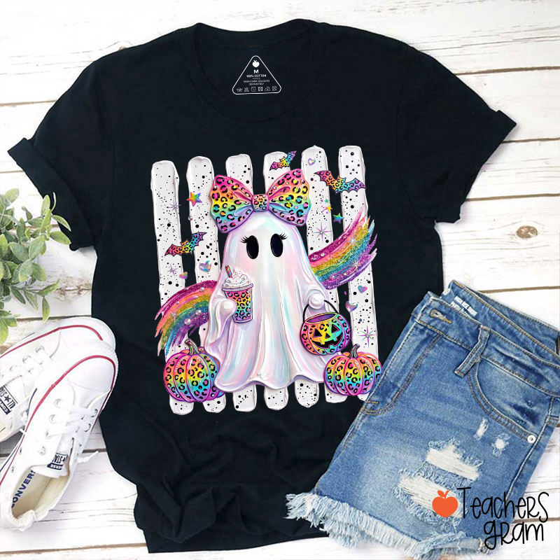 Rainbow Leopard Ghost Teacher T-Shirt