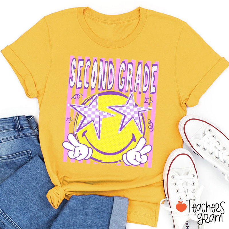 Personalized Grade Peace Sign Smile Face Teacher T-Shirt