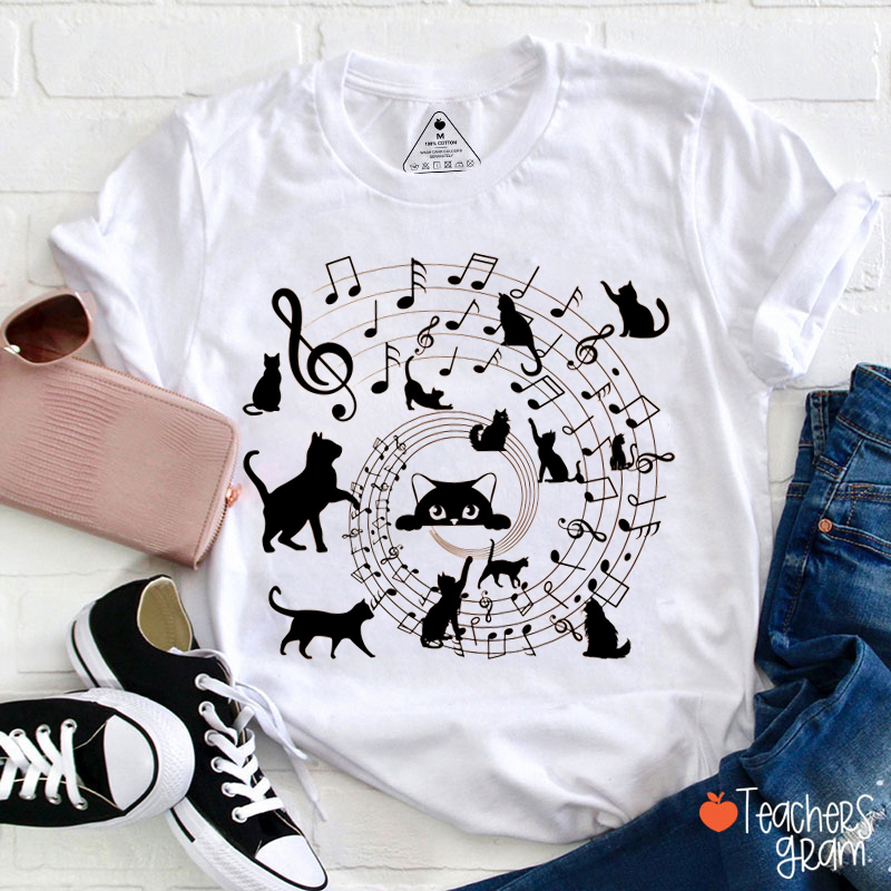 Cat Playing Musical Notes Teacher T-Shirt