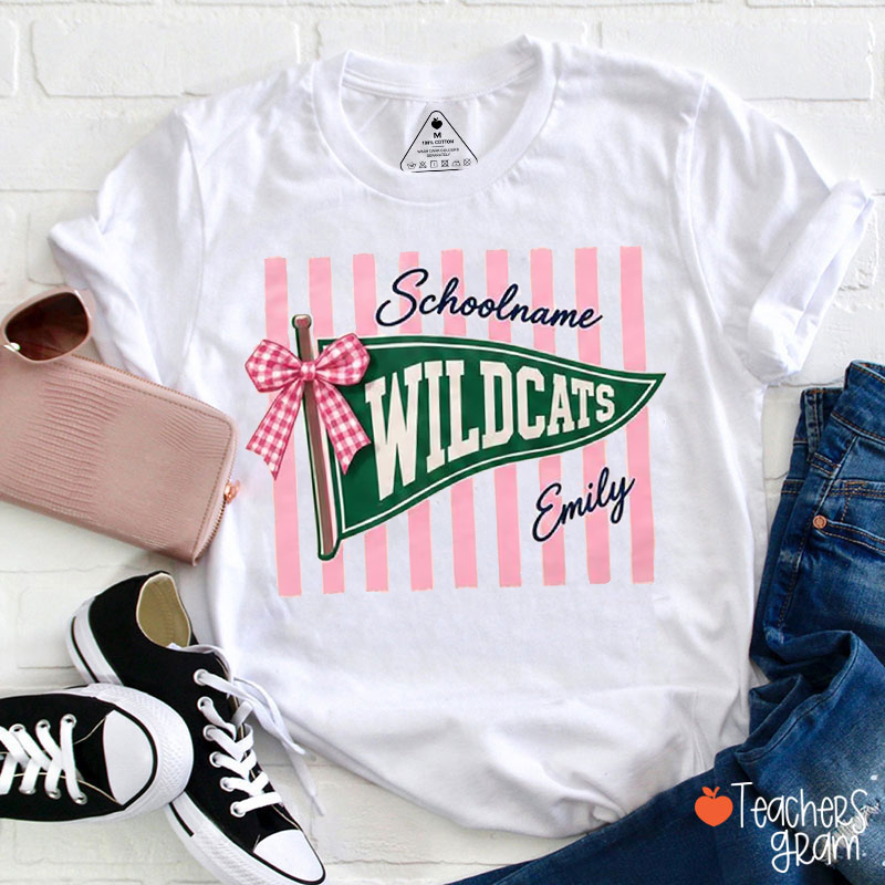 Personalized Mascot Pennant Bow Striped Teacher T-Shirt