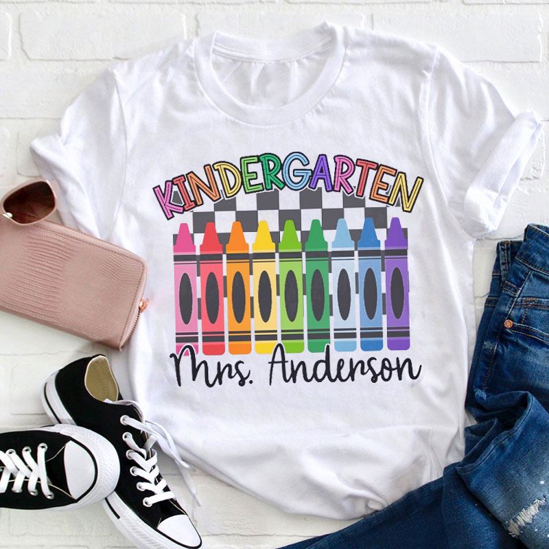 Personalized Colorful Crayons Grade Teacher T-Shirt