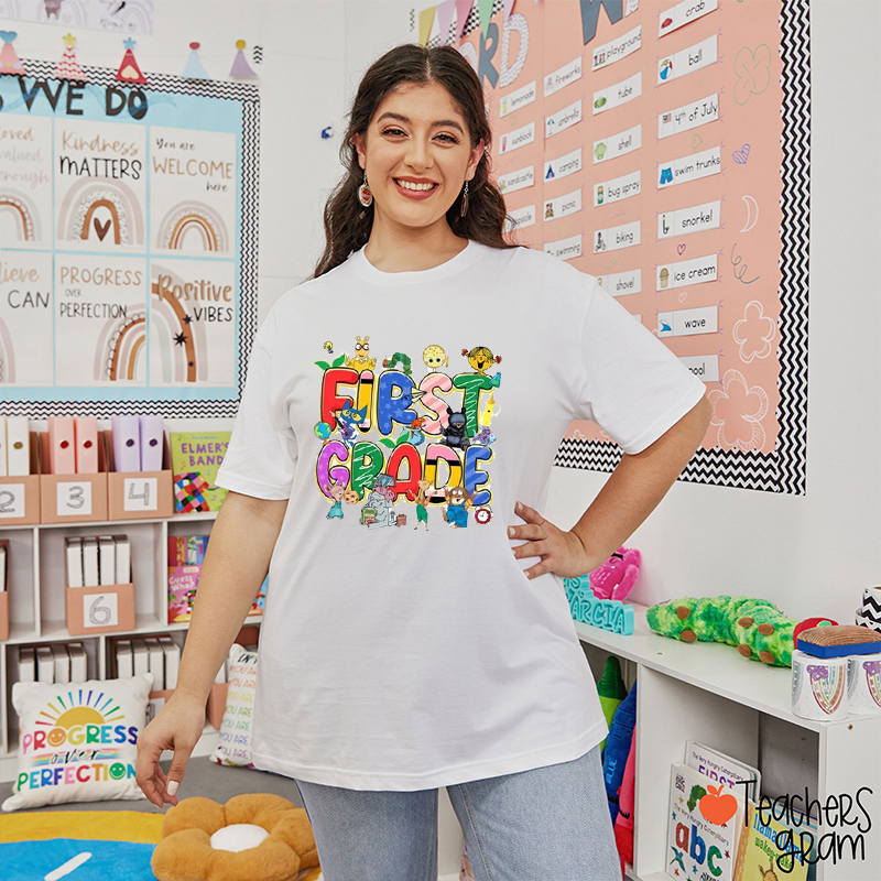 Personalized Grade Cartoon Character Teacher T-Shirt