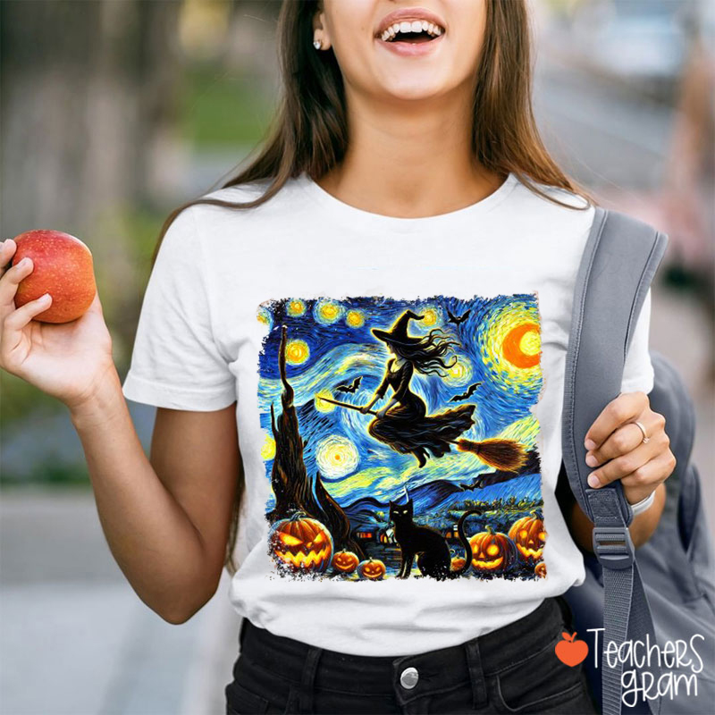 Starry Night Halloween Witch Van Gogh Style Art Teacher T-Shirt