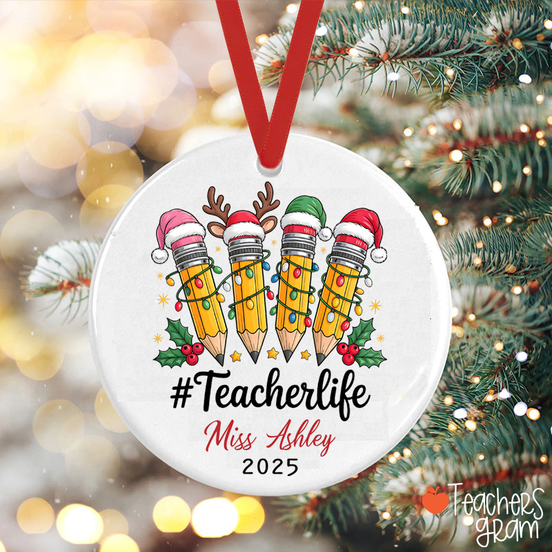 Personalized Name Christmas Light Pencils Teacher Ceramic Christmas Ornament