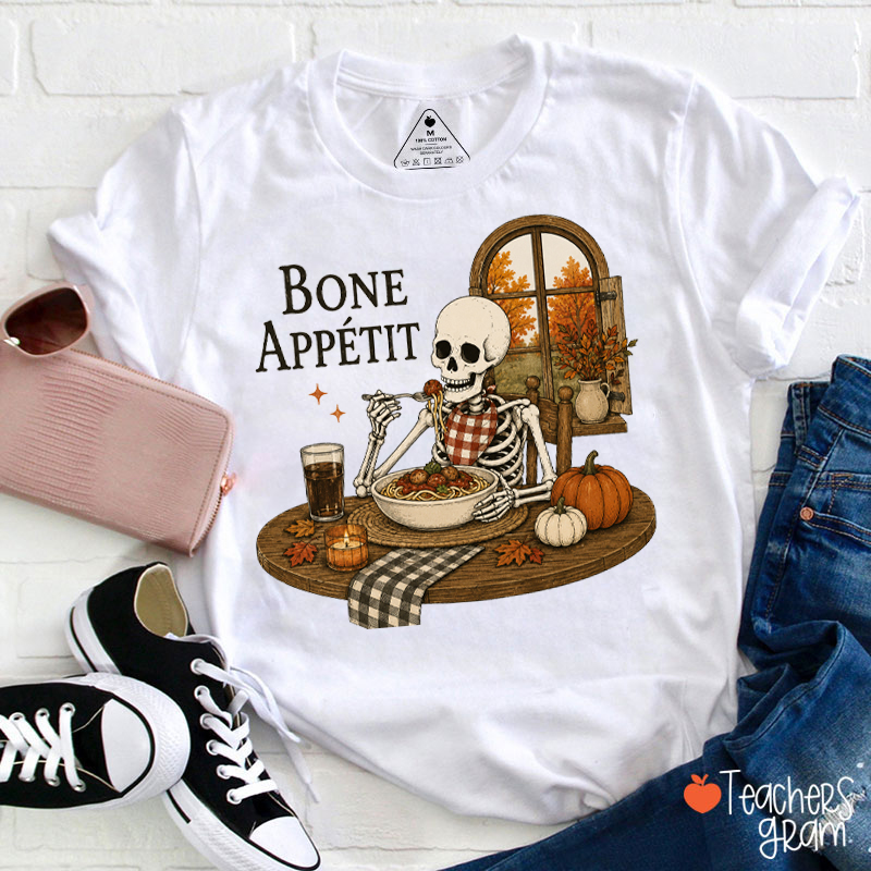 Bone Appetit Skeleton Eating Pasta Fall Teacher T-Shirt