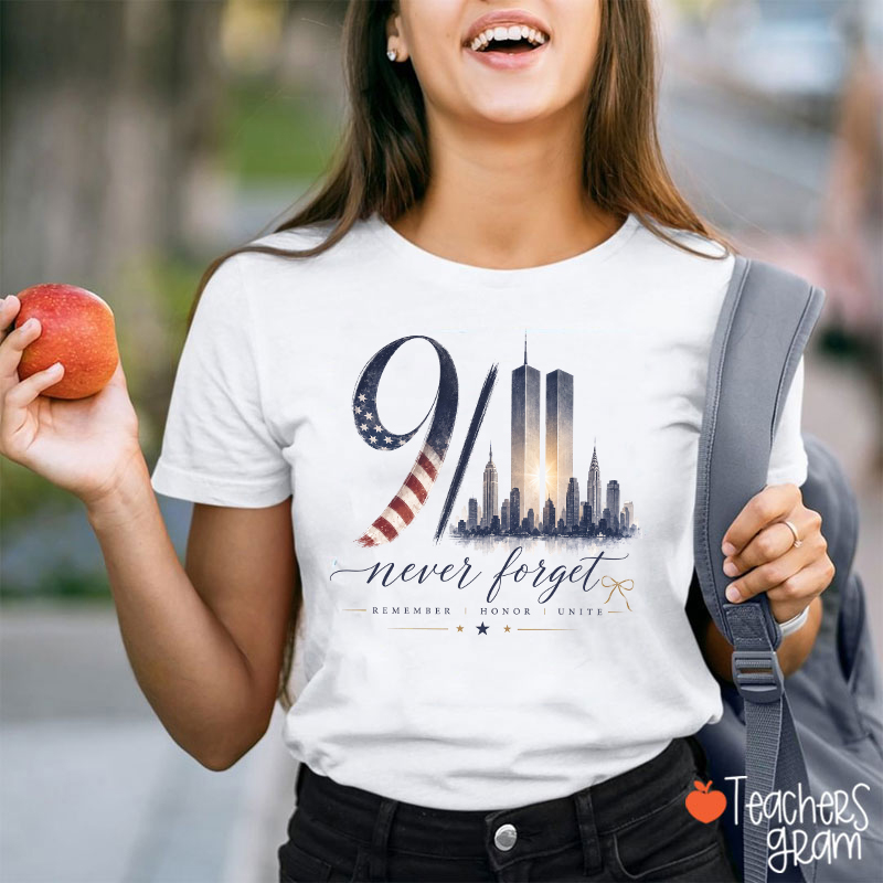 911 Never Forget Patriotic New York Skyline Graphic Teacher T‑Shirt