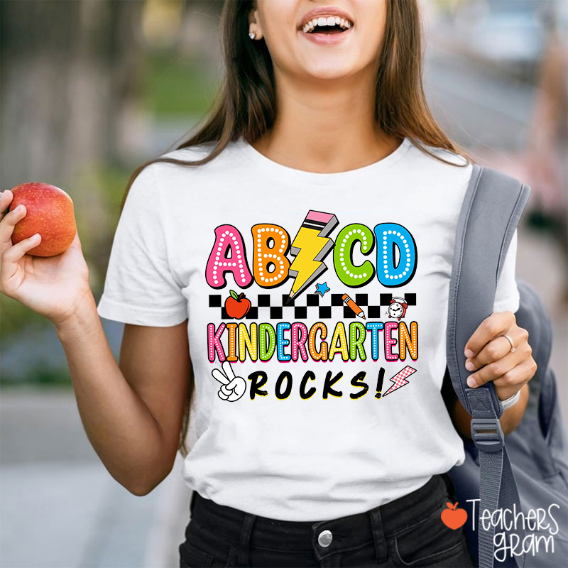 Personalized Grade Rock Checkerboard Lightning Pencil Teacher T-Shirt