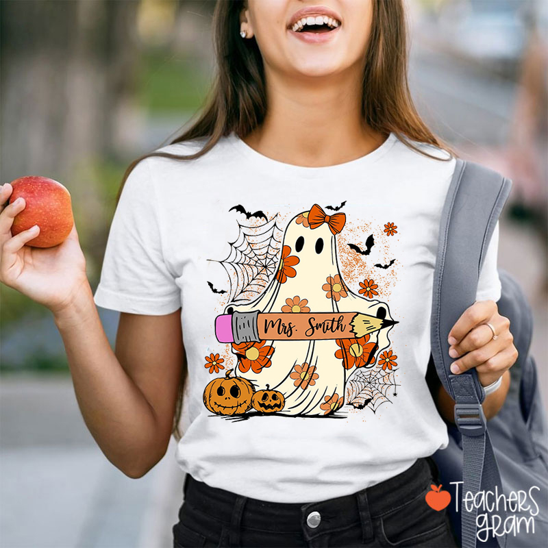 Personalized Name Ghost Pumpkin Teacher T-Shirt