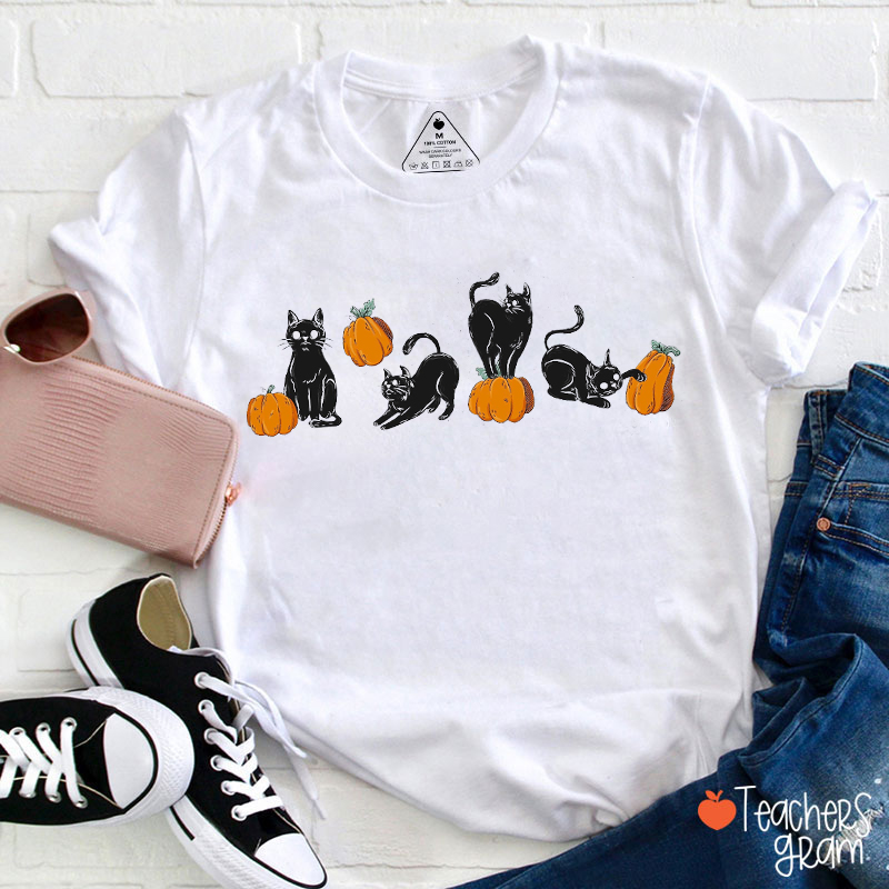 Black Cat Playing Pumpkin Halloween Teacher T-Shirt