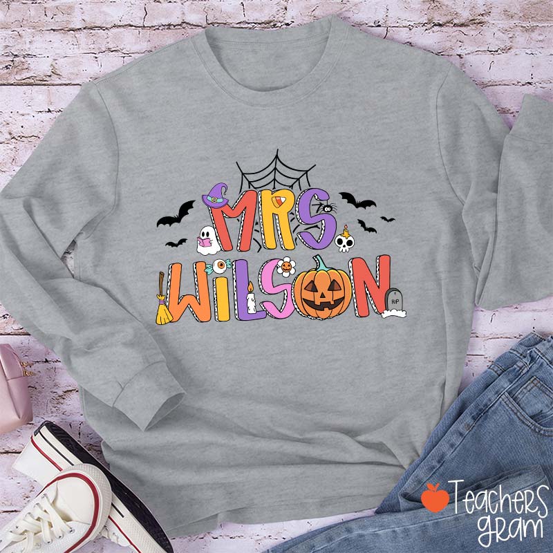 Personalized Name Spider Web Ghost Pumpkin Teacher Long Sleeve T-Shirt