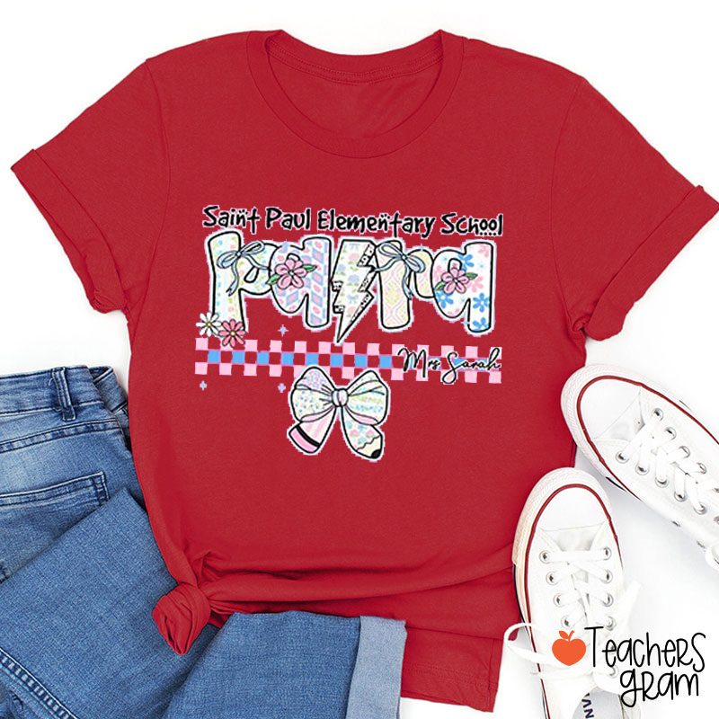 Personalized Text And School Name Blue And Pink Flowers Pencil Bow Teacher T-Shirt