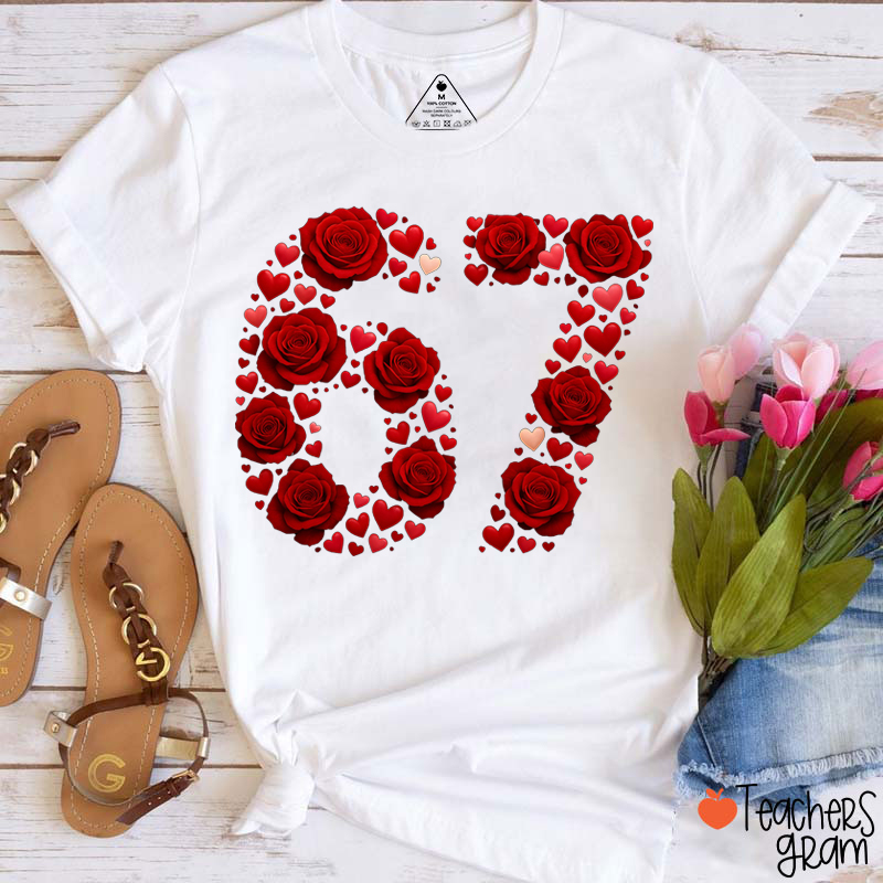 Valentine Six Seven Meme Rose Hearts Teacher T-Shirt