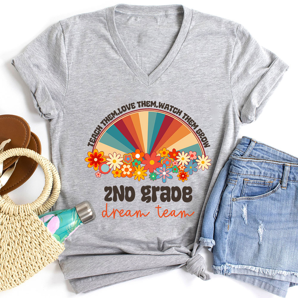 Personalized Teach Love Watch Them Grow Teacher Female V-Neck T-Shirt