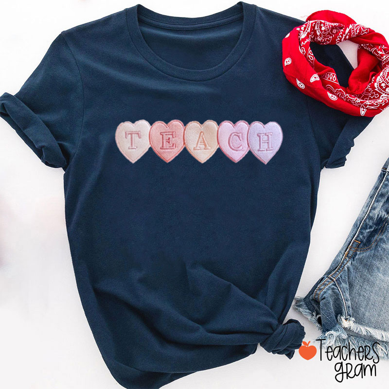 Cute Embroidery Pink Heart Teacher T-Shirt