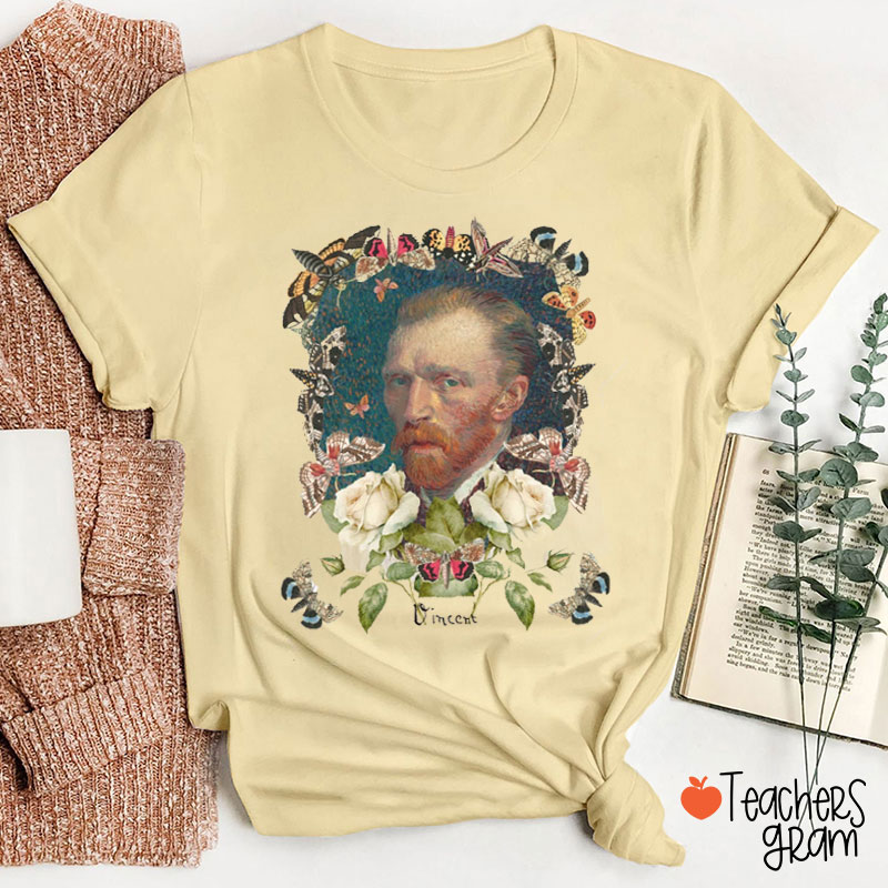 Artist Self Portrait Surrounded By Flowers Teacher T-Shirt