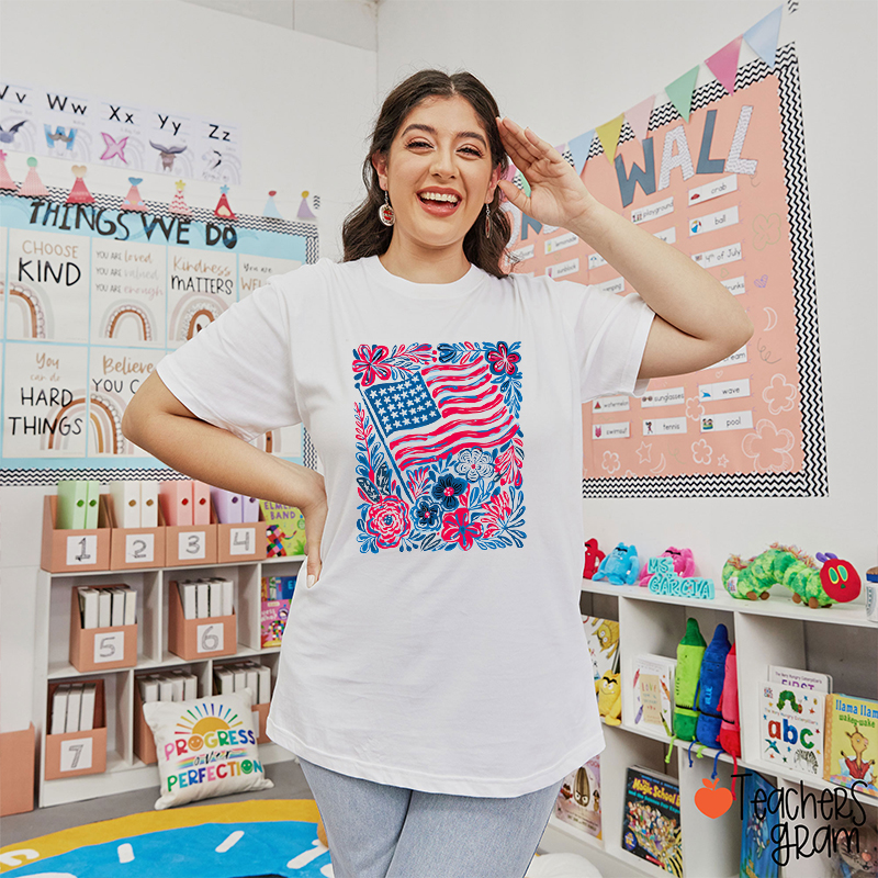 American Flag Flowers Teacher T-Shirt