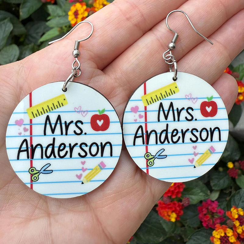 Personalized Name Notebook Classroom Pencil Apple Teacher Wooden Earrings
