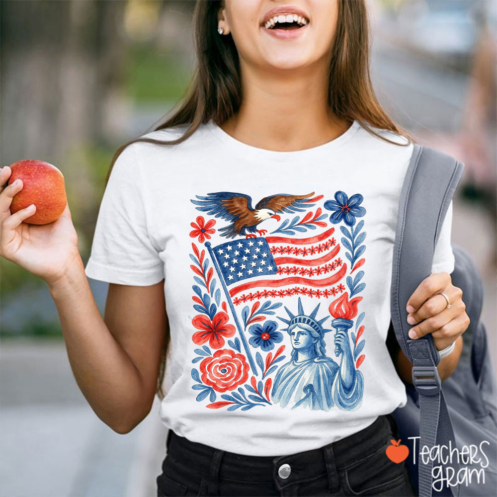 Watercolor Eagle Statue Of Liberty American Flag Floral Teacher T-Shirt
