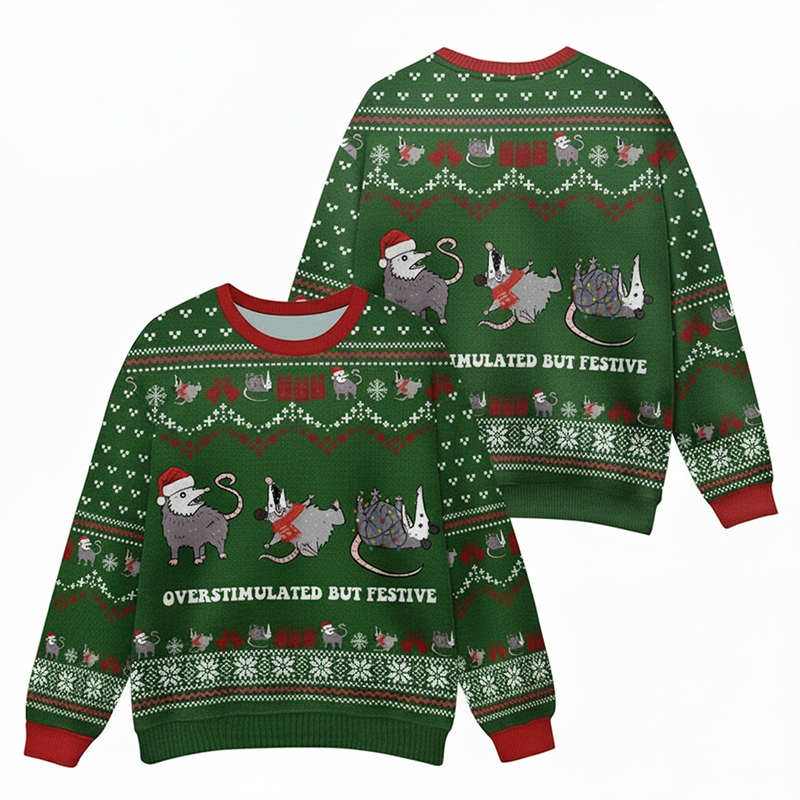 Overstimulated But Festive Possum Teacher Ugly Fluffy Christmas Sweater