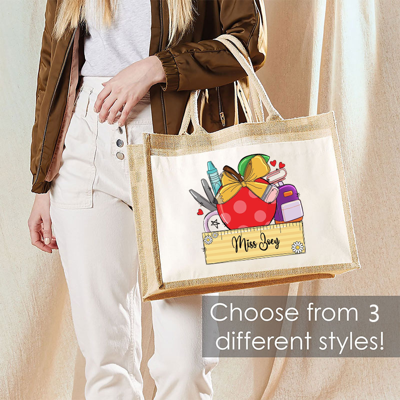 Personalized Name Stationery Apple Love Flower Teacher Jute Lunch Bag
