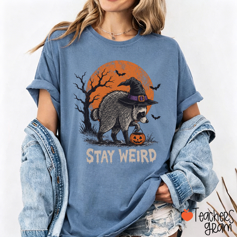 Stay Weird Halloween Raccoon Witch Hat Pumpkin Teacher T-Shirt