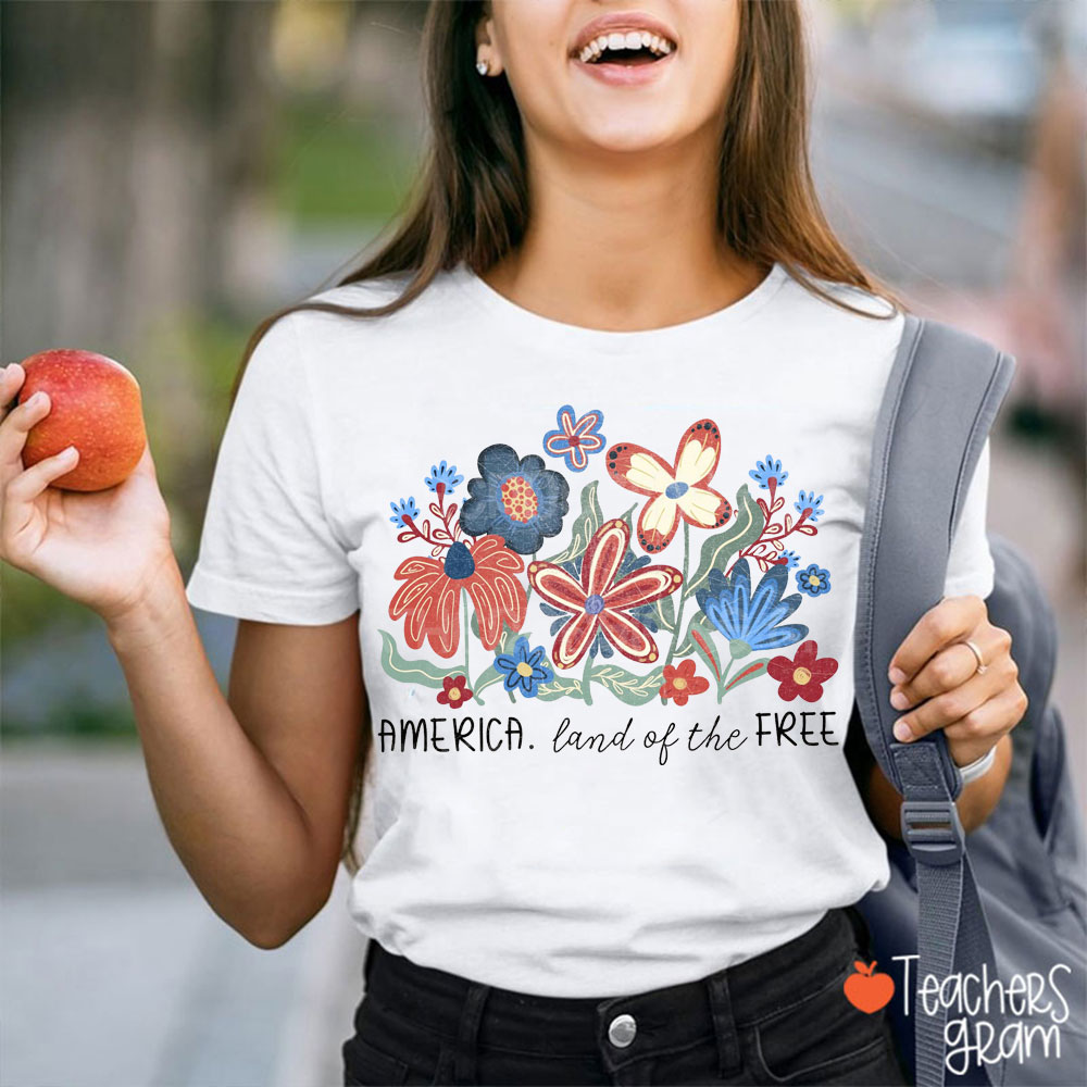 Retro Flower America Land Of The Free Teacher T-Shirt