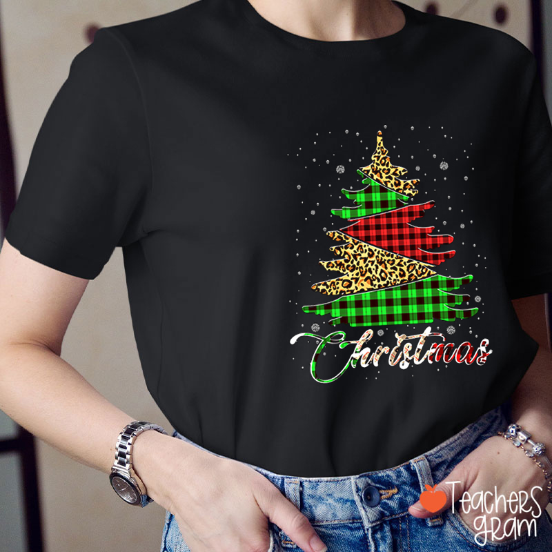 Leopard Plaid Christmas Tree Teacher T-Shirt