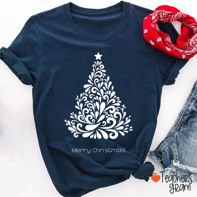 Merry Christmas Flower Pattern Christmas Tree Teacher T-Shirt