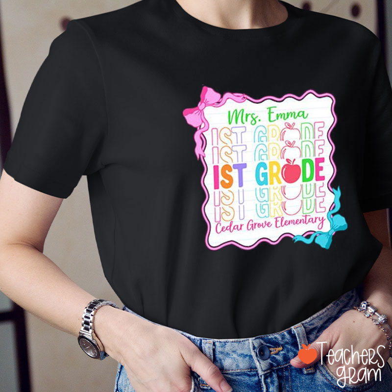 Personalized Text Pink Bow Teacher T-Shirt